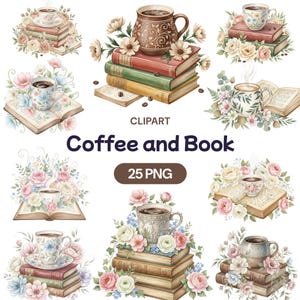 May include: Watercolor clipart featuring coffee cups, books, and floral arrangements. The image includes the text "Coffee and Book" and "25 PNG". The illustrations are in soft pastel colors, with a vintage aesthetic.