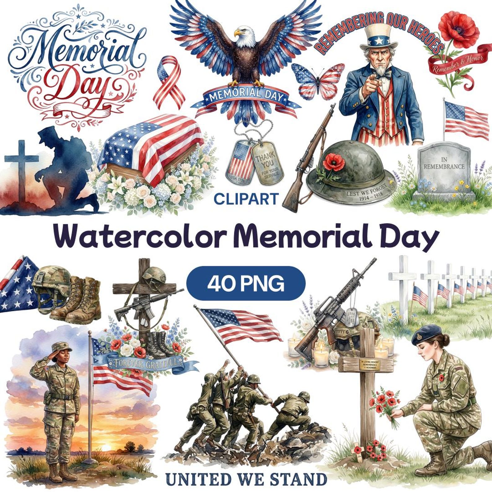 Watercolor Memorial Day Clipart, Patriotic Military PNG, Honoring ...