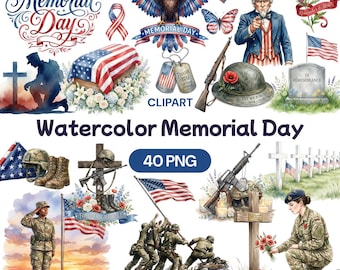 Watercolor Memorial Day Clipart, Patriotic Military PNG, Honoring ...