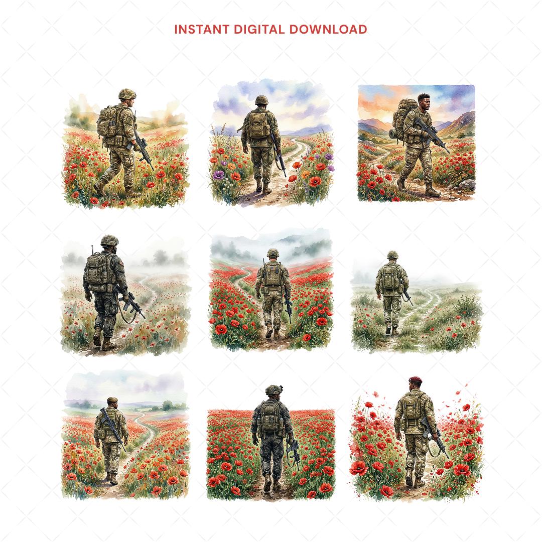 Veterans Day Clipart, Watercolor Soldier PNG, Red Poppy Field Graphic ...