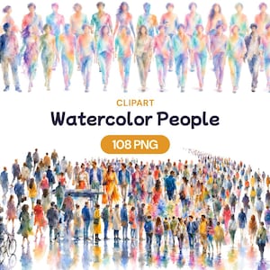 Puede incluir: Una colección digital de imágenes prediseñadas de personas en acuarela que incluye 108 archivos PNG. La imagen muestra numerosas figuras en varias poses con lavados de acuarela coloridos y el texto CLIPART Watercolor People 108 PNG.
