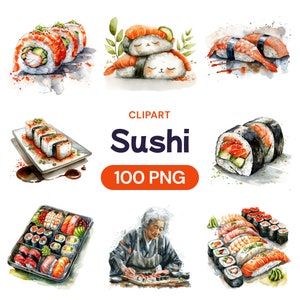 Clipart sushi aquarelle mignon, illustration de cuisine asiatique japonaise kawaii, rouleau de riz sashimi, paquet PNG transparent, licence d'utilisation commerciale