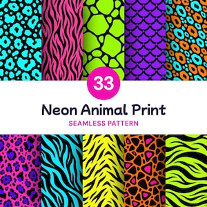Può includere: Una collezione digitale di 33 motivi senza cuciture con stampe animalier neon in colori vivaci come rosa acceso, blu elettrico, verde lime e arancione. I design includono macchie di leopardo, strisce zebrate e motivi a scaglie di pesce.