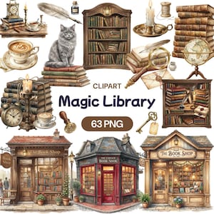 Könnte beinhalten: Digitale Clipart-Sammlung mit dem Thema einer magischen Bibliothek. Das Bild enthält Illustrationen von antiken Büchern, einer Katze, einem Globus, einem Schlüssel, einer Lupe, einer Kerze und Buchhandlungen. Der Text "Magic Library" und "63 PNG" sind ebenfalls vorhanden.