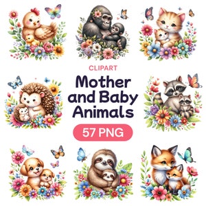 Clipart de animais para mãe e bebê, pacote digital PNG em aquarela fofa para o dia das mães, conjunto para filha recém-nascida, presente para ela, licença de uso comercial