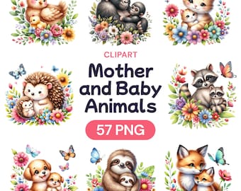 Mutter und Baby Tiere Clipart, süßes Aquarell Muttertag PNG Digital Bundle, Neugeborene Tochter Set, Geschenk für Sie, Lizenz für kommerzielle Nutzung
