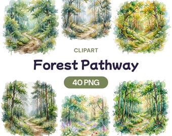 Imágenes prediseñadas de sendero forestal, bosque en acuarela PNG, gráfico de sendero natural, arte de árbol encantado, decoración para caminatas tranquilas