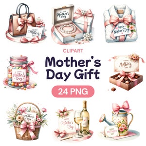 Presente de Dia das Mães Cipart, Pacote Digital PNG Floral Rosa em Aquarela Fofo, Presente para Ela, Flores, Caixa de Bolo de Chocolate, Licença de Uso Comercial