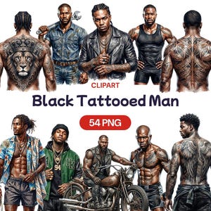 Può includere: Una collezione digitale di 54 immagini clipart PNG raffiguranti uomini neri con vari tatuaggi, acconciature e stili di abbigliamento. Le immagini includono figure con complessi tatuaggi sulla schiena, giacche di pelle, canotte e una motocicletta.