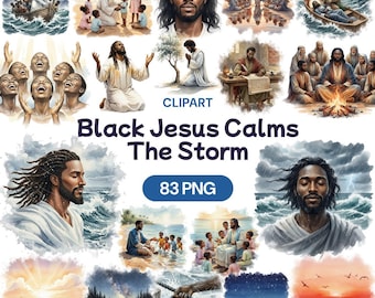 Jesús negro calma la tormenta, 83 imágenes PNG, Cristo afroamericano, arte de olas del océano, escuela dominical, impresión de historias bíblicas, gráfico de fe