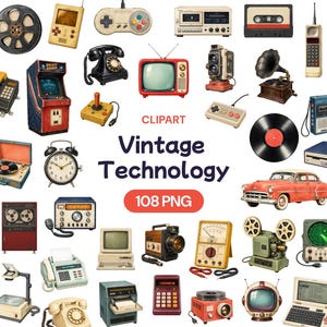 May include: A collection of vintage technology clipart featuring a film reel, handheld game, game controllers, cassette tape, radio, telephone, arcade cabinet, television, camera, phonograph, record, car, clock, computer, and calculator with text.