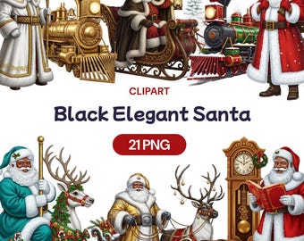 May include: A collection of digital illustrations featuring Black Santa Claus figures in various elegant outfits. Santa is depicted with trains, sleighs, and reindeer. The text "Black Elegant Santa" and "21 PNG" are also present.