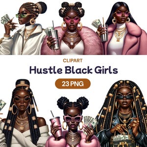 Hustle Black Girls Clipart, freche Lady Boss, Aquarell Afroamerikaner PNG, ermächtigende weibliche Power Vision Board, Lizenz für kommerzielle Nutzung