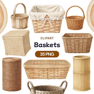 Puede incluir: Ilustración en acuarela de varias cestas tejidas de diferentes formas y tamaños. La imagen incluye una cesta cuadrada con tapa, una cesta redonda con asa y una cesta rectangular. También está presente el texto "Baskets" y "35 PNG".