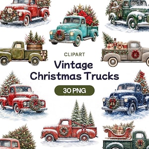 May include: A collection of vintage truck illustrations featuring various colors including red, green, blue, and gray. The trucks are decorated with Christmas trees, wreaths, gifts, and snow. The text reads CLIPART Vintage Christmas Trucks 30 PNG.