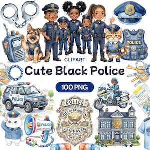 May include: Watercolor clipart set featuring illustrations of police officers, a police dog, a cat in uniform, a police car, a motorcycle, and police-related items. The text "Cute Black Police" and "100 PNG" are also included.