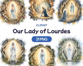 Our Lady of Lourdes Clipart, 21 Watercolor PNG, Virgin Mary Catholic Art, Grotto Cave, Mother of God, Christian Religious Faith, Rosary