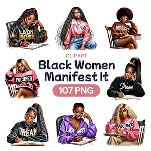 Zwarte vrouwen manifesteren het clipart, aquarel Afro-Amerikaanse transparante schattige png, empowerment van vrouwelijk Vision Board, licentie voor commercieel gebruik