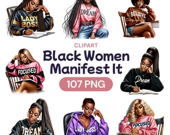 Black Women Manifest It Clipart, Watercolor African American Transparent Cute PNG, Empowering Female Vision Board, Commercial Use License