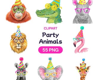 Clipart de animales de fiesta, PNG de cumpleaños de safari en acuarela, lindo paquete de jungla de zoológico, animales divertidos con gafas, arte infantil de Wild One