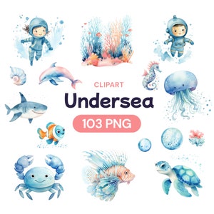 Clipart submarino, pez acuarela PNG transparente, lindo animal marino, paquete de tortuga de caparazón de tiburón ballena y pulpo marino, licencia de uso comercial