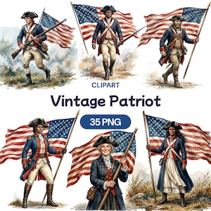Puede incluir: Clipart digital con ilustraciones de patriotas vintage sosteniendo banderas americanas y mosquetes. Las imágenes representan figuras con atuendo de la época colonial, con el texto "Vintage Patriot" y "35 PNG".