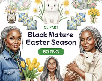Black Mature Easter Clipart, 50 African American Senior PNG, Watercolor Grandma Spring, Elderly Woman Man, Cottagecore, Garden Life