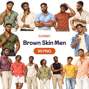 May include: A collection of digital clipart featuring various brown-skinned individuals in diverse casual outfits, including shirts, tank tops, and trousers. The image includes the text "CLIPART", "Brown Skin Men", and "99 PNG" in orange and dark blue.