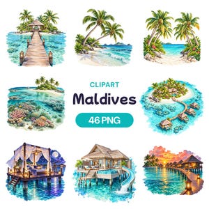 Può includere: Una raccolta di illustrazioni digitali con scene tropicali delle Maldive, inclusi bungalow sull'acqua, pontili in legno, palme, barriere coralline e tramonti. Il testo centrale recita CLIPART Maldives 46 PNG su uno sfondo color turchese.