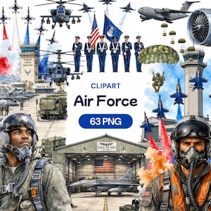 May include: A digital collection of Air Force themed clipart featuring military personnel, fighter jets, helicopters, control towers, and parachutists. The image includes the text "CLIPART Air Force 63 PNG" centred over a hangar and aircraft.