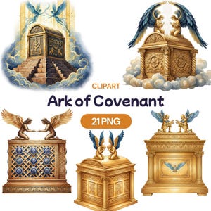 Könnte beinhalten: Eine Sammlung von Aquarell-Clipart-Bildern, die die Bundeslade darstellen. Die Bilder zeigen goldene Truhen mit aufwendigen Schnitzereien, Engeln und Wolken. Der Text "Ark of Covenant" ist zu sehen.