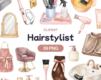 Hairstylist Clipart Bundle, Watercolor Salon Tools PNG, Hairdresser Equipment Graphic, Beauty Shop Art