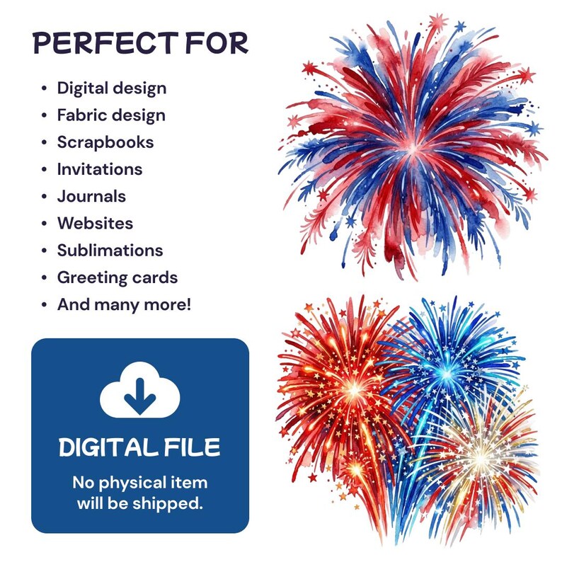 4th of July Fireworks Clipart, Watercolor USA PNG, Red White Blue ...