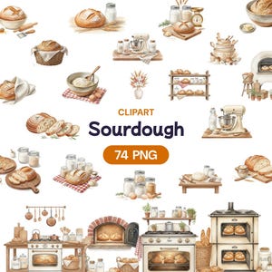 Puede incluir: Conjunto de imágenes prediseñadas de acuarela con varios elementos de pan de masa madre. Incluye hogazas de pan, utensilios de cocina, ingredientes y el texto "Sourdough" y "74 PNG". Las ilustraciones están en una paleta de colores cálidos.