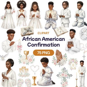 Puede incluir: Colección de imágenes prediseñadas digitales con ilustraciones de niños y adultos jóvenes afroamericanos con atuendo de confirmación. Incluye imágenes de niños con vestidos y trajes blancos, sosteniendo velas, rezando y con símbolos religiosos.