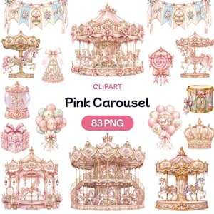 May include: A digital collection of pink carousel-themed clipart featuring various illustrations of ornate carousels, horses, balloons, gift boxes, crowns, and banners. The text CLIPART Pink Carousel 83 PNG is centred in the middle of the image.