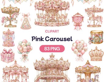 Pink Carousel Clipart, Pastel Pony PNG, Vintage Merry Go Round Graphic, Fairytale Amusement Park Art, Circus Nursery Decor, Baby Shower