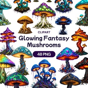 May include: A collection of digital illustrations featuring various glowing fantasy mushrooms in vibrant colours like blue, purple, orange, and green. The text CLIPART Glowing Fantasy Mushrooms 48 PNG is centred among the mushroom graphics.