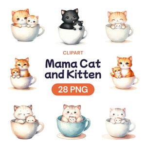 Clipart de mamãe gata e gatinho em uma xícara, pacote digital PNG de aquarela fofa para o dia das mães, amante de café, presente para ela, licença de uso comercial