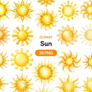 May include: A collection of various yellow sun illustrations in watercolor style, featuring diverse ray shapes and textures. The image includes the text CLIPART Sun 36 PNG centered in the middle, with multiple sun designs arranged around it.
