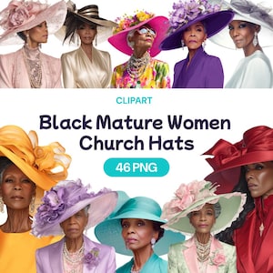 Clipart di cappelli da chiesa per donne mature nere, PNG di nonna afroamericana, abito cristiano glamour, la migliore moda della domenica, licenza per uso commerciale
