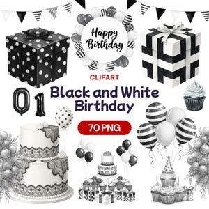Op de afbeelding: Een verzameling zwart-wit clipart elementen met een verjaardagsthema. Bevat geschenkdozen, ballonnen, cupcakes, een taart en de tekst "Happy Birthday" en "Black and White Birthday". De afbeelding bevat ook het nummer "01" en de tekst "70 PNG".