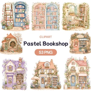 Könnte beinhalten: Eine digitale Sammlung von 53 PNG-Clipart-Bildern mit pastellfarbenen Buchhandlungen, Bücherregalen und gemütlichen Leseecken, die mit Blumen verziert sind. Der Text lautet CLIPART Pastel Bookshop 53 PNG. Diese Illustrationen zeigen verschiedene Gebäude und Innenräume.