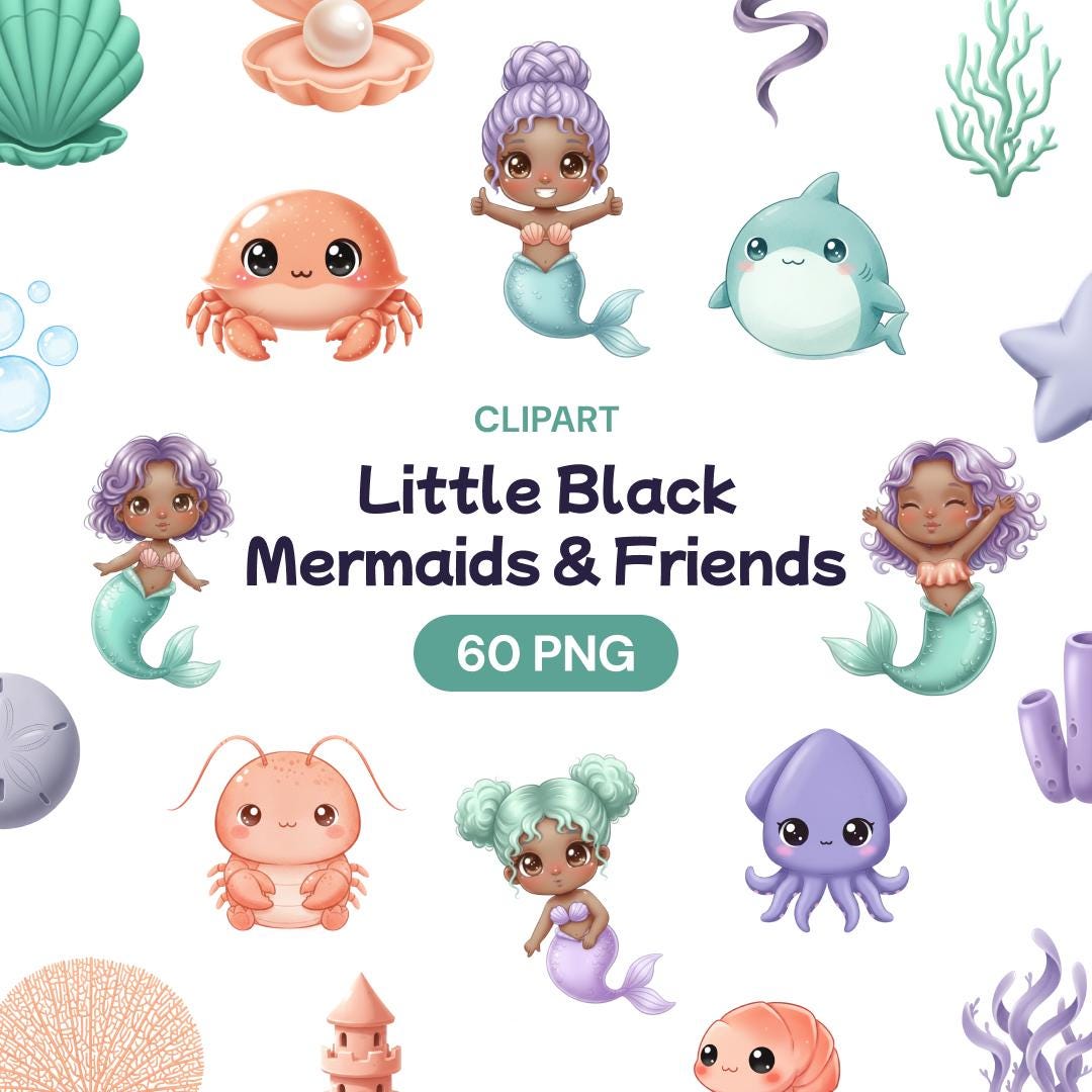 Little Black Mermaid Clipart, Cute African American Girl PNG, Ocean ...