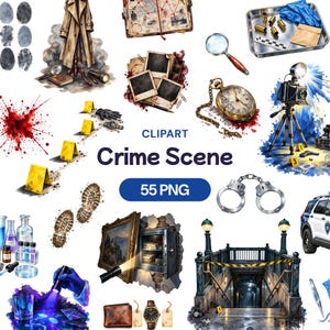 Clipart de Cena de Crime, 55 Evidências Forenses, Adereços Policiais e Cenários de Mistério em PNG (Download Digital)
