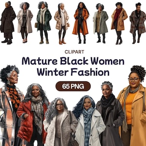 Zwarte rijpe vrouwen wintermode clipart, aquarel Afro-Amerikaanse oma png, mooie oma, elegante senior, licentie voor commercieel gebruik