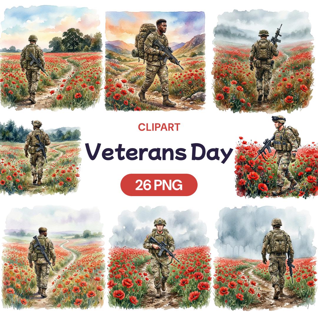 Veterans Day Clipart, Watercolor Soldier PNG, Red Poppy Field Graphic ...