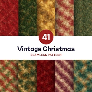 May include: A collection of 41 seamless patterns featuring textured, mottled designs in shades of deep red, forest green, and golden yellow. The text 41 Vintage Christmas SEAMLESS PATTERN is centered on a white horizontal band across the middle.