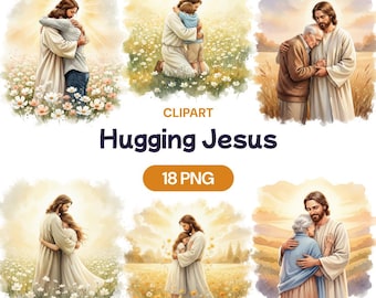 Hugging Jesus Clipart, 18 PNG, Watercolor Christ Embrace, Christian Comfort Art, Religious Sympathy Graphic, Healing Faith Print