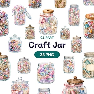 Puede incluir: Una colección digital de frascos de vidrio llenos de suministros de costura que incluyen botones coloridos, carretes de hilo, encaje y cintas. La imagen presenta el texto CLIPART Craft Jar 38 PNG, mostrando varios recipientes de almacenamiento.